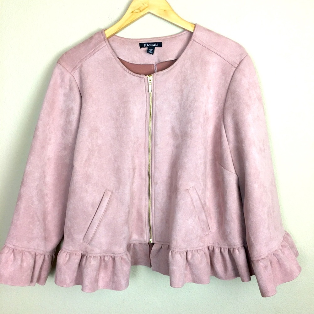 Roz & Ali Faux Suede Dusty Pink Ruffled Jacket 2X
